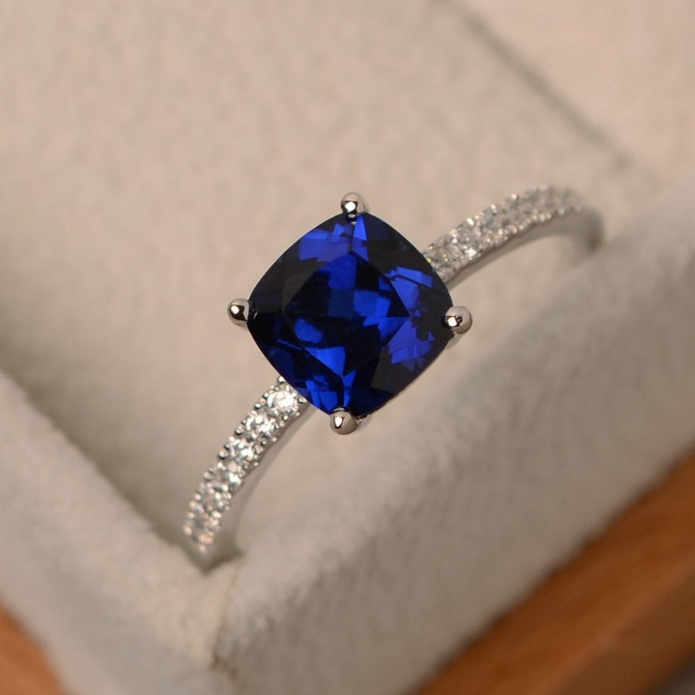Sterling Silver Sapphire Diamond Cushion Cut Ring - Picture 1 of 4